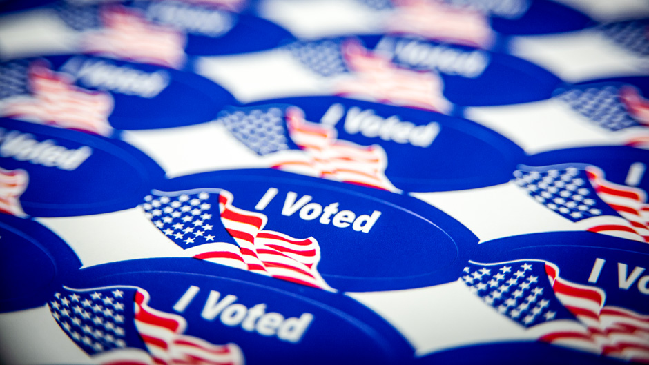 Collage of 'I Voted' stickers. Stock photo.